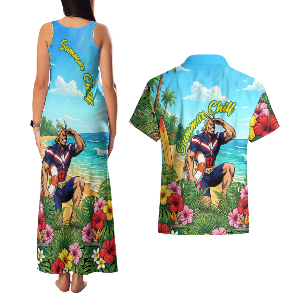 Toshinori Yagi Summer Chill Couples Matching Tank Maxi Dress and Hawaiian Shirt Heroic Tropical Anime Art