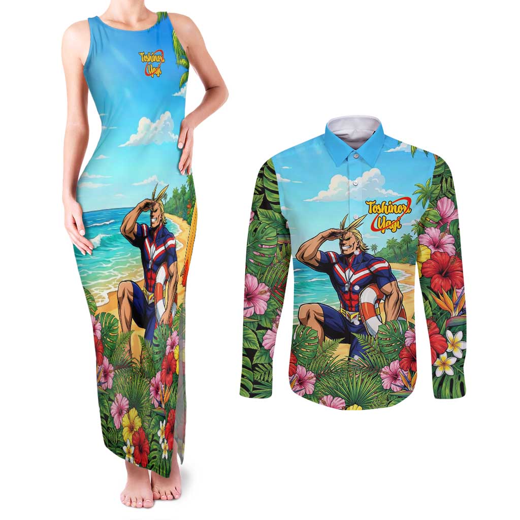 Toshinori Yagi Summer Chill Couples Matching Tank Maxi Dress and Long Sleeve Button Shirt Heroic Tropical Anime Art