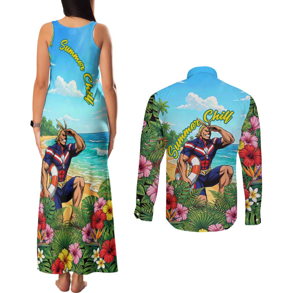 Toshinori Yagi Summer Chill Couples Matching Tank Maxi Dress and Long Sleeve Button Shirt Heroic Tropical Anime Art
