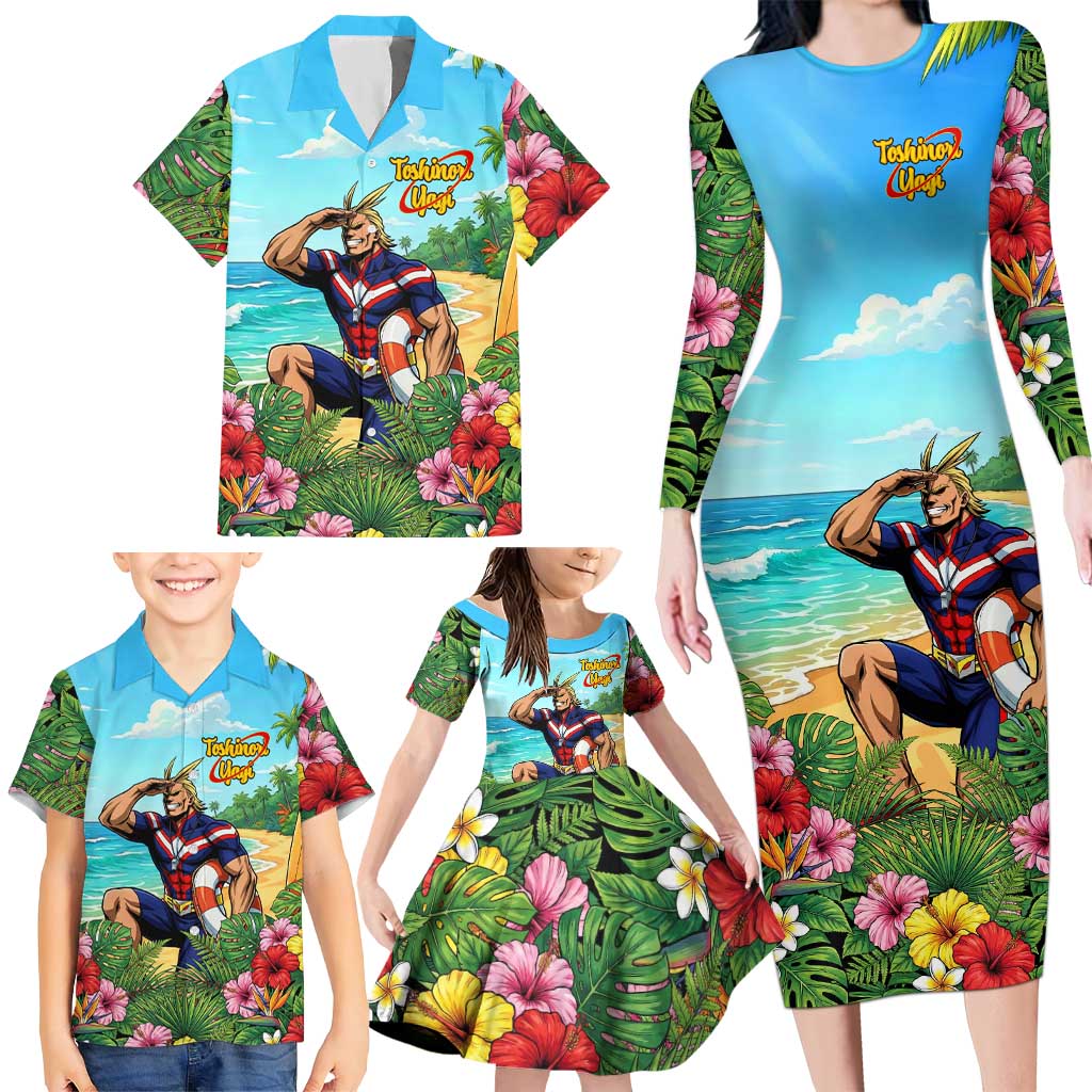 Toshinori Yagi Summer Chill Family Matching Long Sleeve Bodycon Dress and Hawaiian Shirt Heroic Tropical Anime Art
