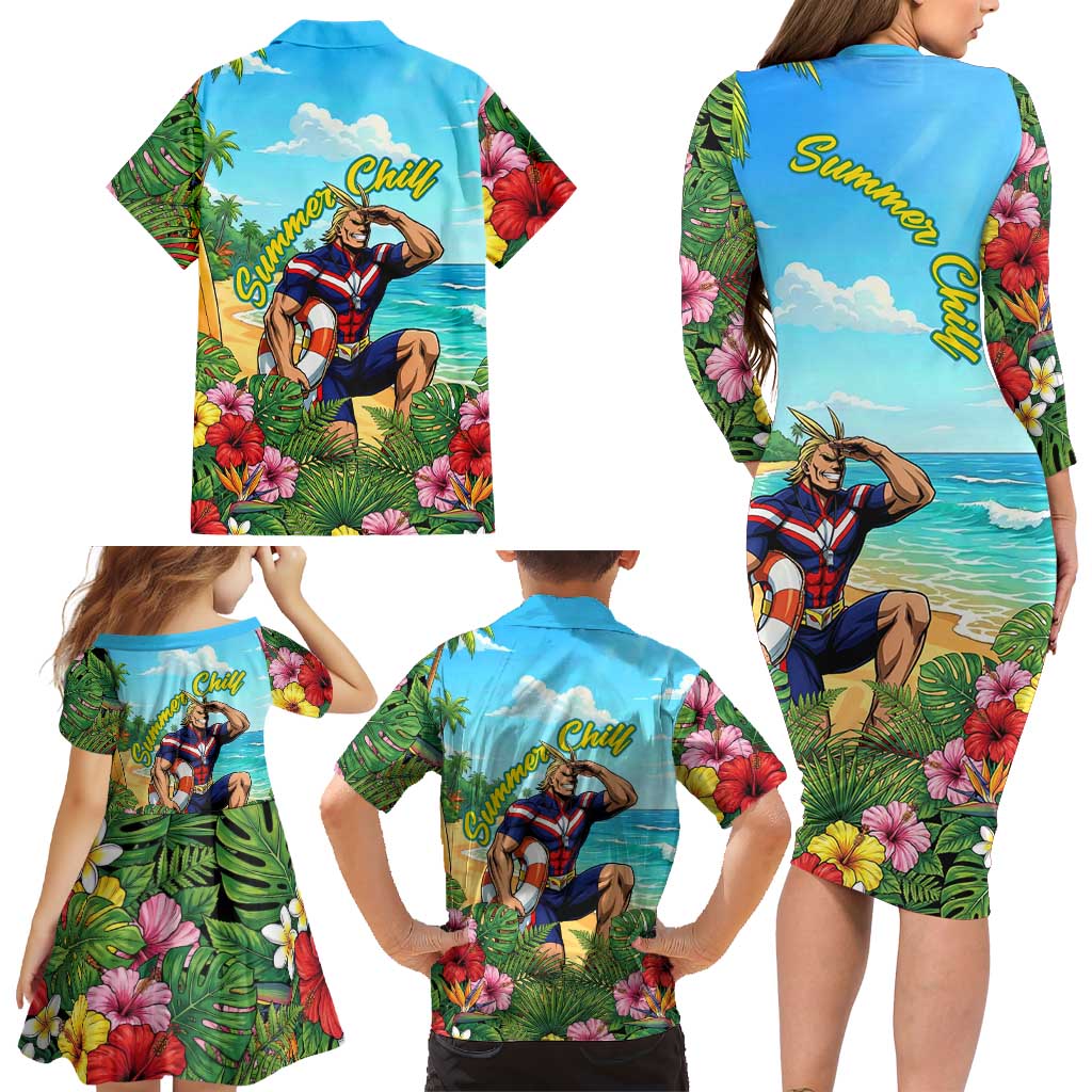 Toshinori Yagi Summer Chill Family Matching Long Sleeve Bodycon Dress and Hawaiian Shirt Heroic Tropical Anime Art