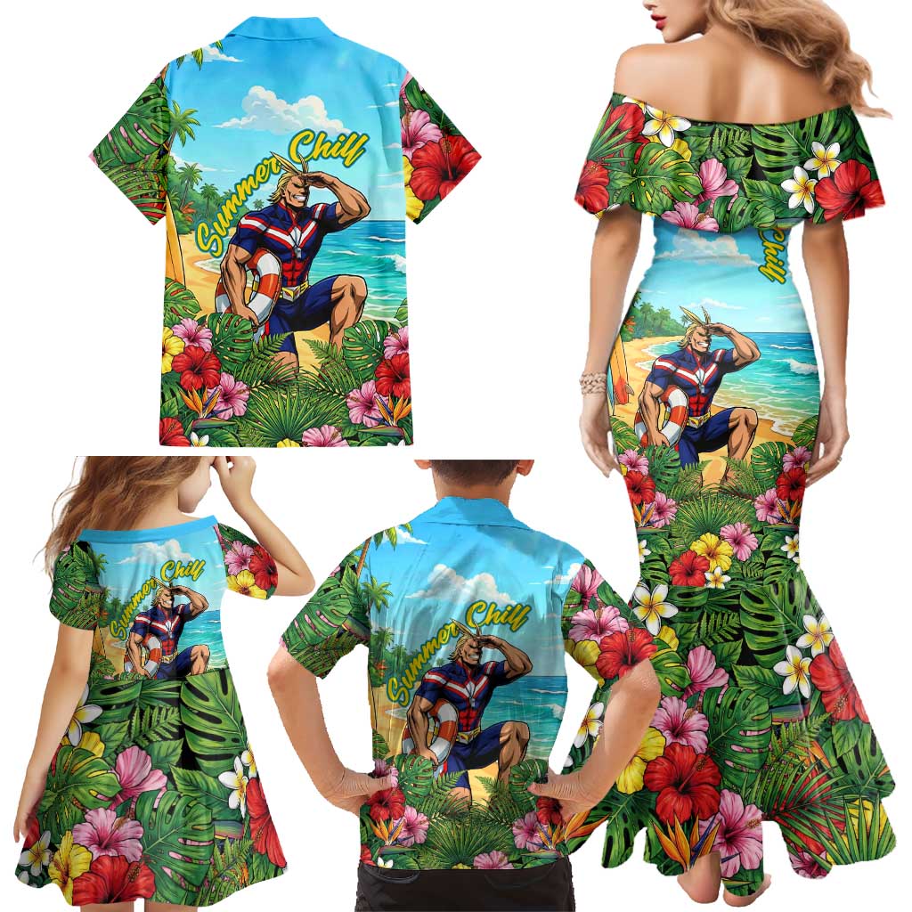 Toshinori Yagi Summer Chill Family Matching Mermaid Dress and Hawaiian Shirt Heroic Tropical Anime Art
