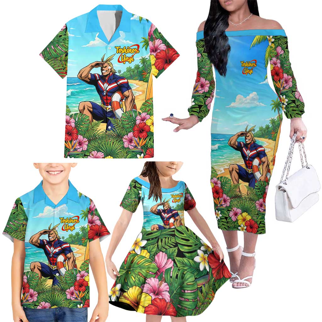 Toshinori Yagi Summer Chill Family Matching Off The Shoulder Long Sleeve Dress and Hawaiian Shirt Heroic Tropical Anime Art