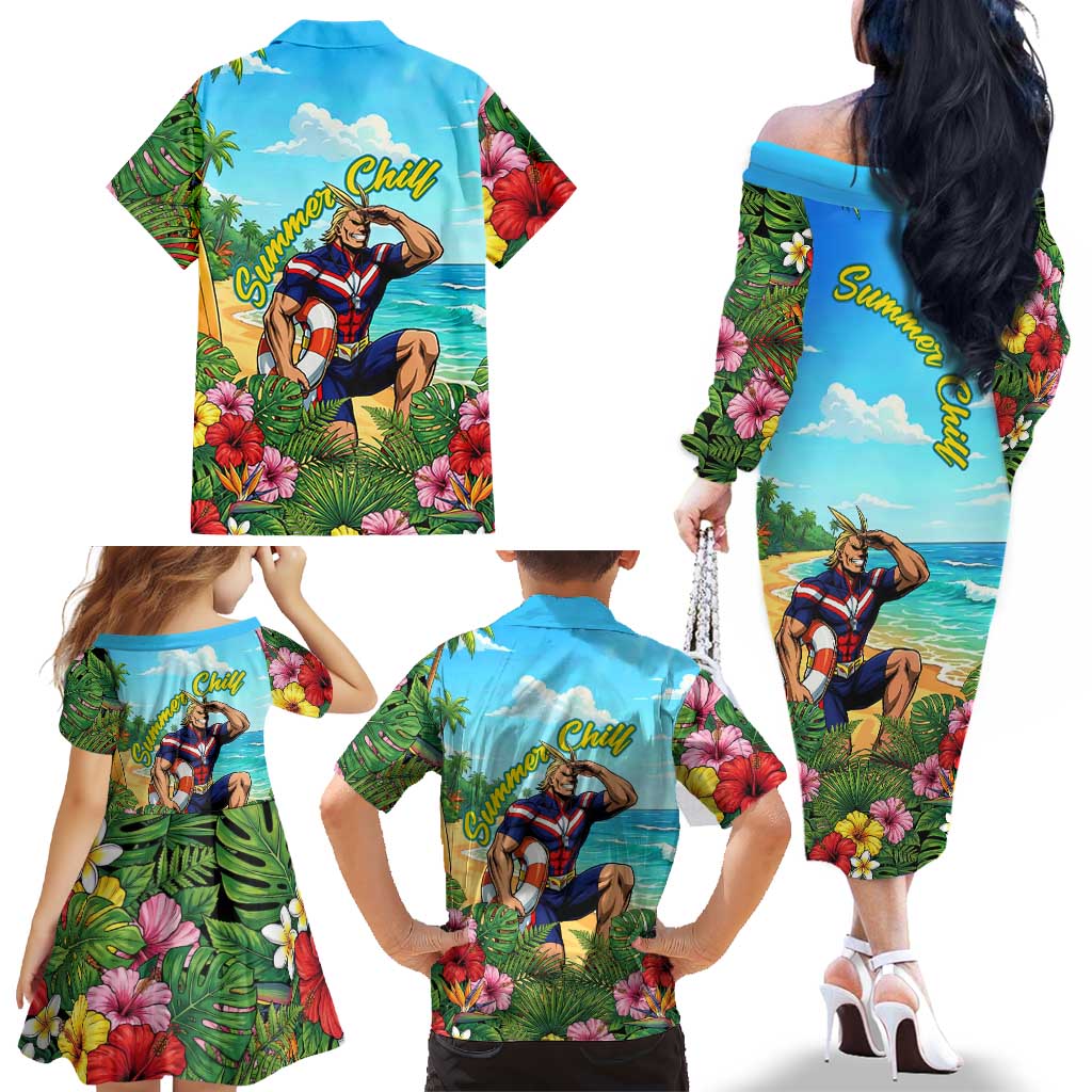Toshinori Yagi Summer Chill Family Matching Off The Shoulder Long Sleeve Dress and Hawaiian Shirt Heroic Tropical Anime Art