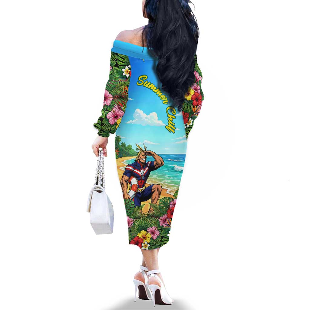 Toshinori Yagi Summer Chill Family Matching Off The Shoulder Long Sleeve Dress and Hawaiian Shirt Heroic Tropical Anime Art