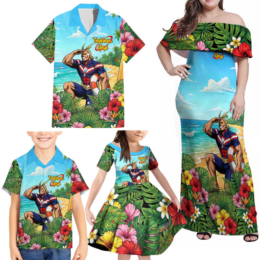 Toshinori Yagi Summer Chill Family Matching Off Shoulder Maxi Dress and Hawaiian Shirt Heroic Tropical Anime Art