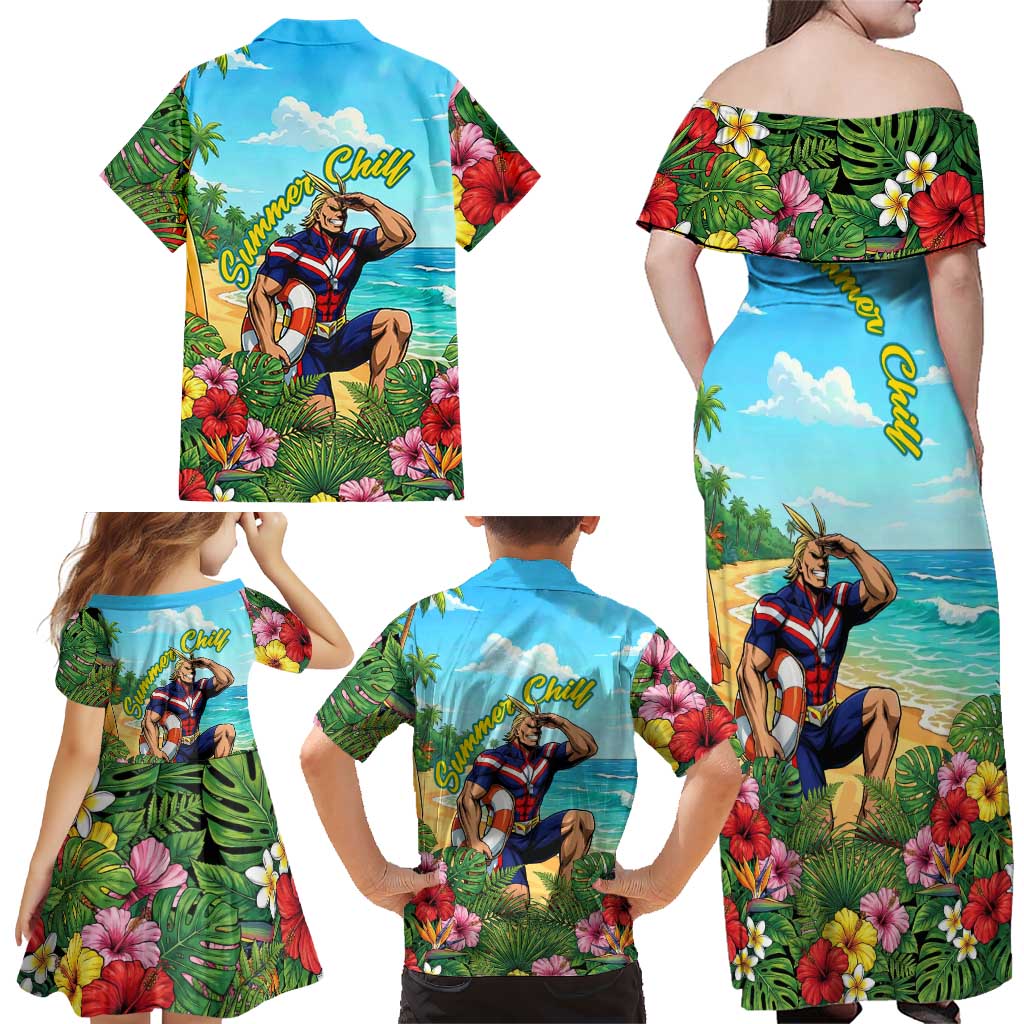 Toshinori Yagi Summer Chill Family Matching Off Shoulder Maxi Dress and Hawaiian Shirt Heroic Tropical Anime Art