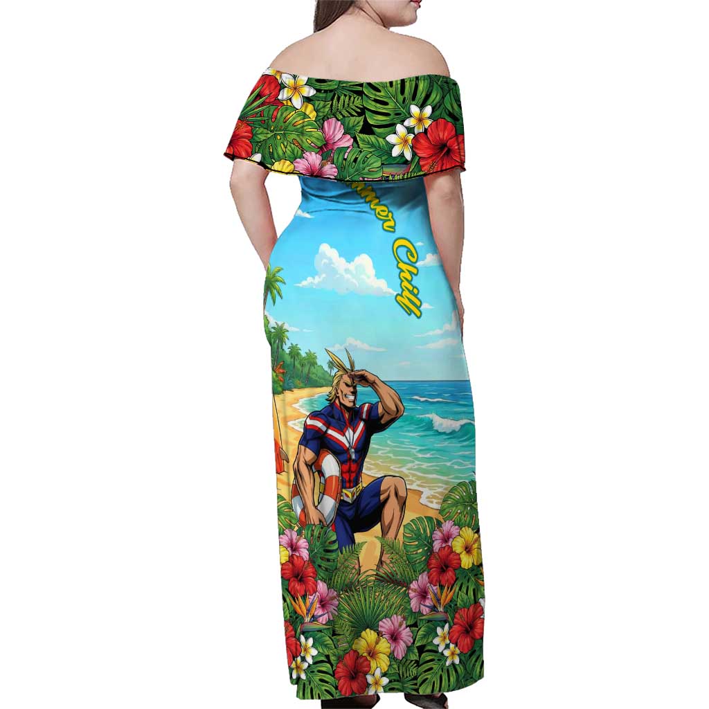 Toshinori Yagi Summer Chill Family Matching Off Shoulder Maxi Dress and Hawaiian Shirt Heroic Tropical Anime Art