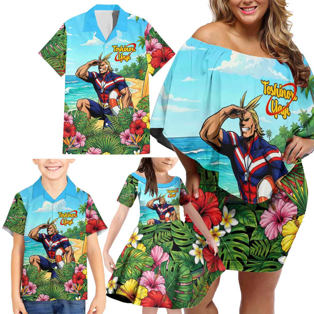Toshinori Yagi Summer Chill Family Matching Off Shoulder Short Dress and Hawaiian Shirt Heroic Tropical Anime Art