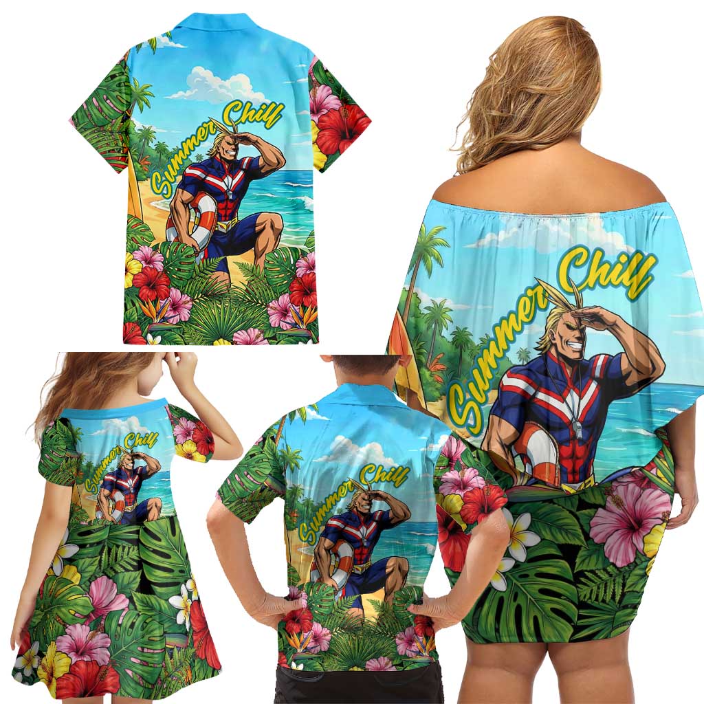 Toshinori Yagi Summer Chill Family Matching Off Shoulder Short Dress and Hawaiian Shirt Heroic Tropical Anime Art