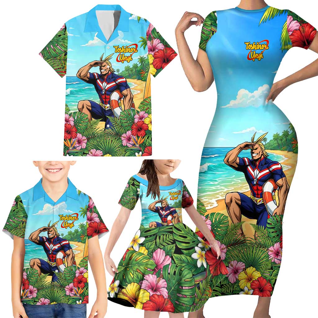 Toshinori Yagi Summer Chill Family Matching Short Sleeve Bodycon Dress and Hawaiian Shirt Heroic Tropical Anime Art