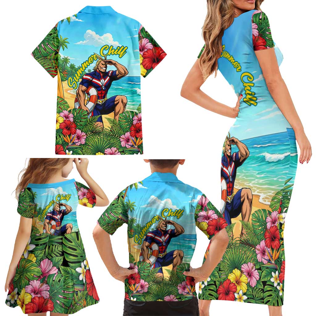 Toshinori Yagi Summer Chill Family Matching Short Sleeve Bodycon Dress and Hawaiian Shirt Heroic Tropical Anime Art