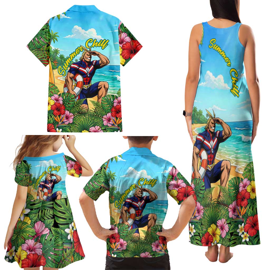 Toshinori Yagi Summer Chill Family Matching Tank Maxi Dress and Hawaiian Shirt Heroic Tropical Anime Art