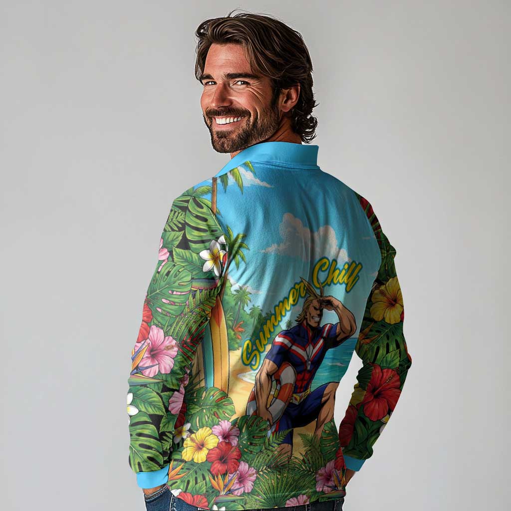 Toshinori Yagi Summer Chill Long Sleeve Polo Shirt Heroic Tropical Anime Art