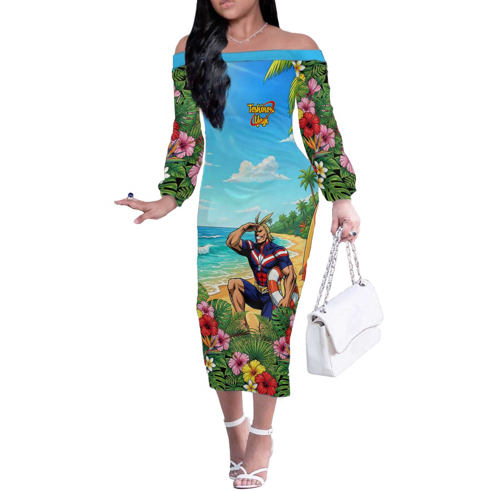Toshinori Yagi Summer Chill Off The Shoulder Long Sleeve Dress Heroic Tropical Anime Art