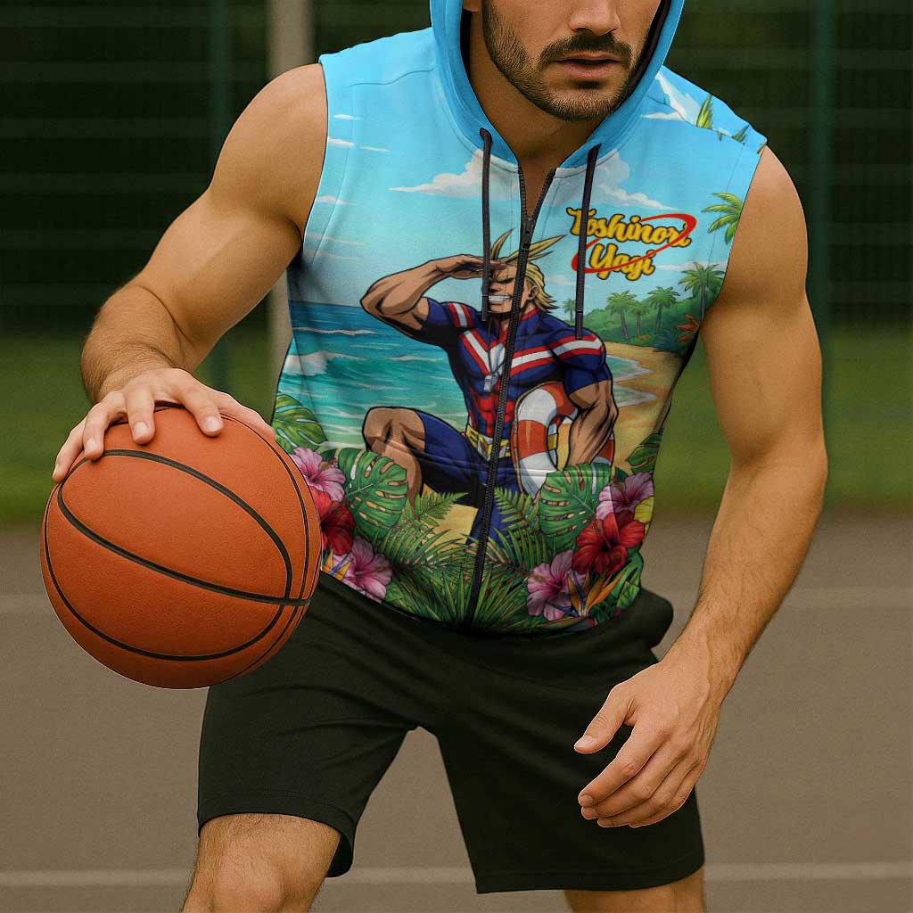 Toshinori Yagi Summer Chill Sleeveless Zip Hoodie Heroic Tropical Anime Art