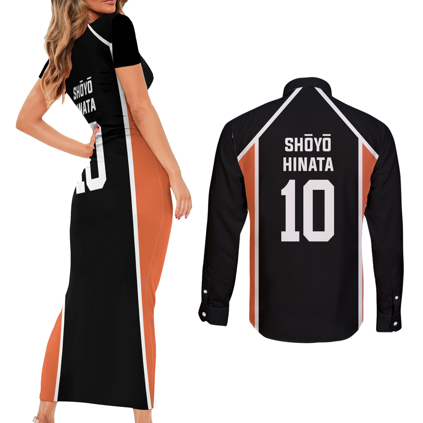 Shoyo Hinata - Number 10 Karasuno Couples Matching Short Sleeve Bodycon Dress and Long Sleeve Button Shirt