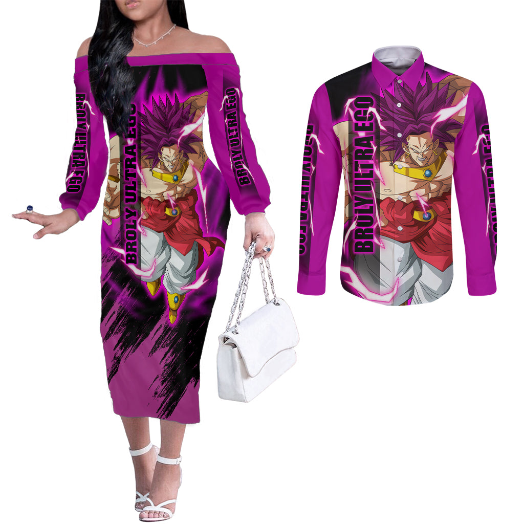 Broly Ultra Ego Anime Couples Matching Off The Shoulder Long Sleeve Dress and Long Sleeve Button Shirt