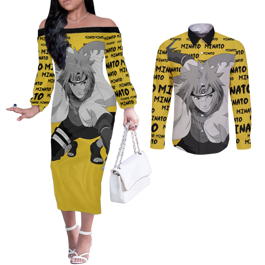 Minato Namikaze - Anime Style Manga Couples Matching Off The Shoulder Long Sleeve Dress and Long Sleeve Button Shirt