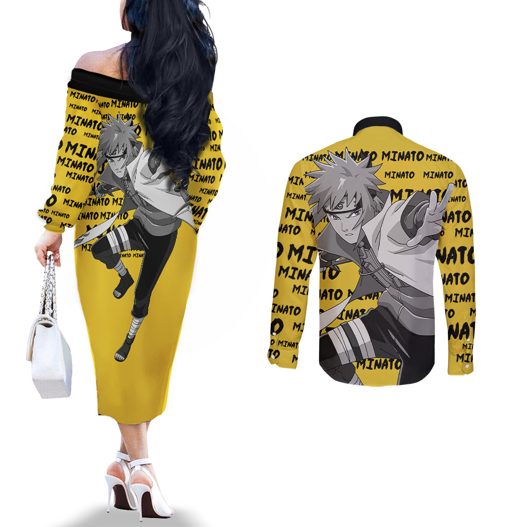 Minato Namikaze - Anime Style Manga Couples Matching Off The Shoulder Long Sleeve Dress and Long Sleeve Button Shirt