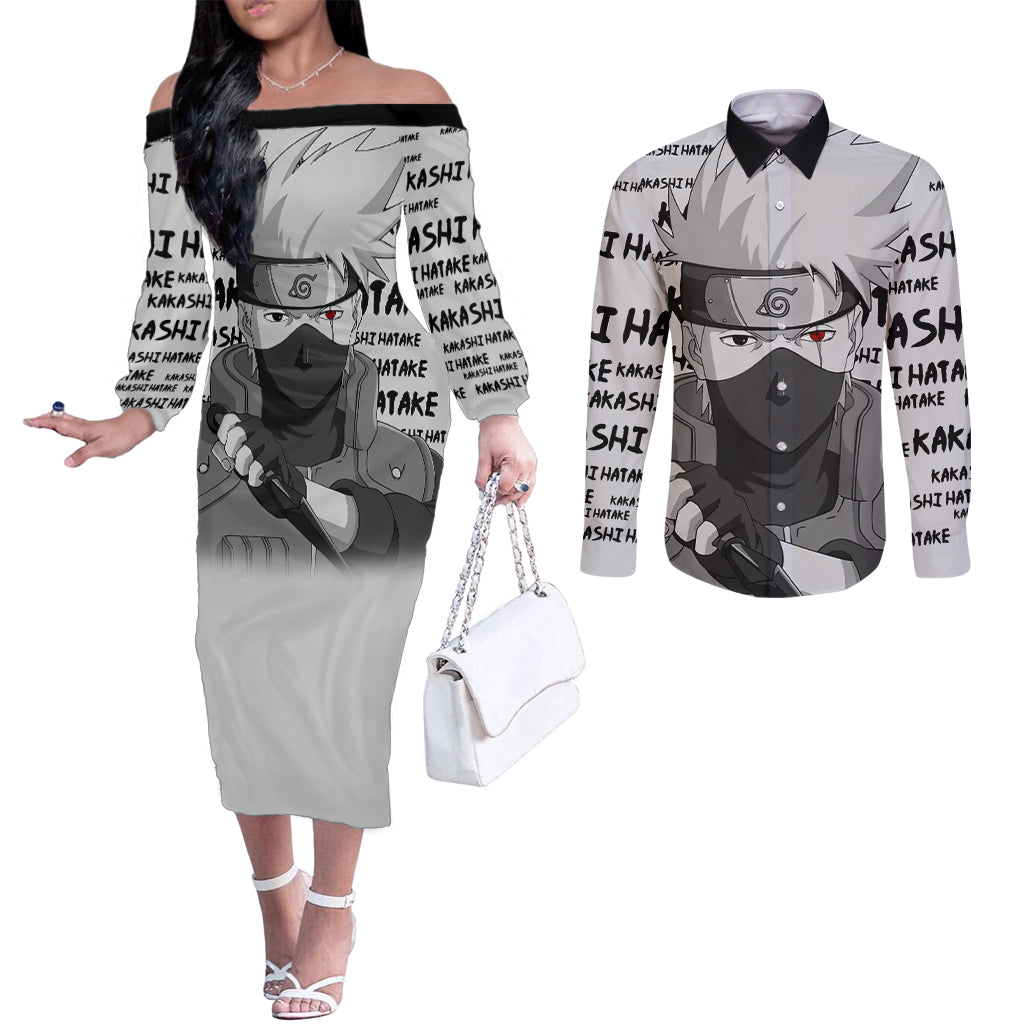 Kakashi Hatake - Anime Style Manga Couples Matching Off The Shoulder Long Sleeve Dress and Long Sleeve Button Shirt