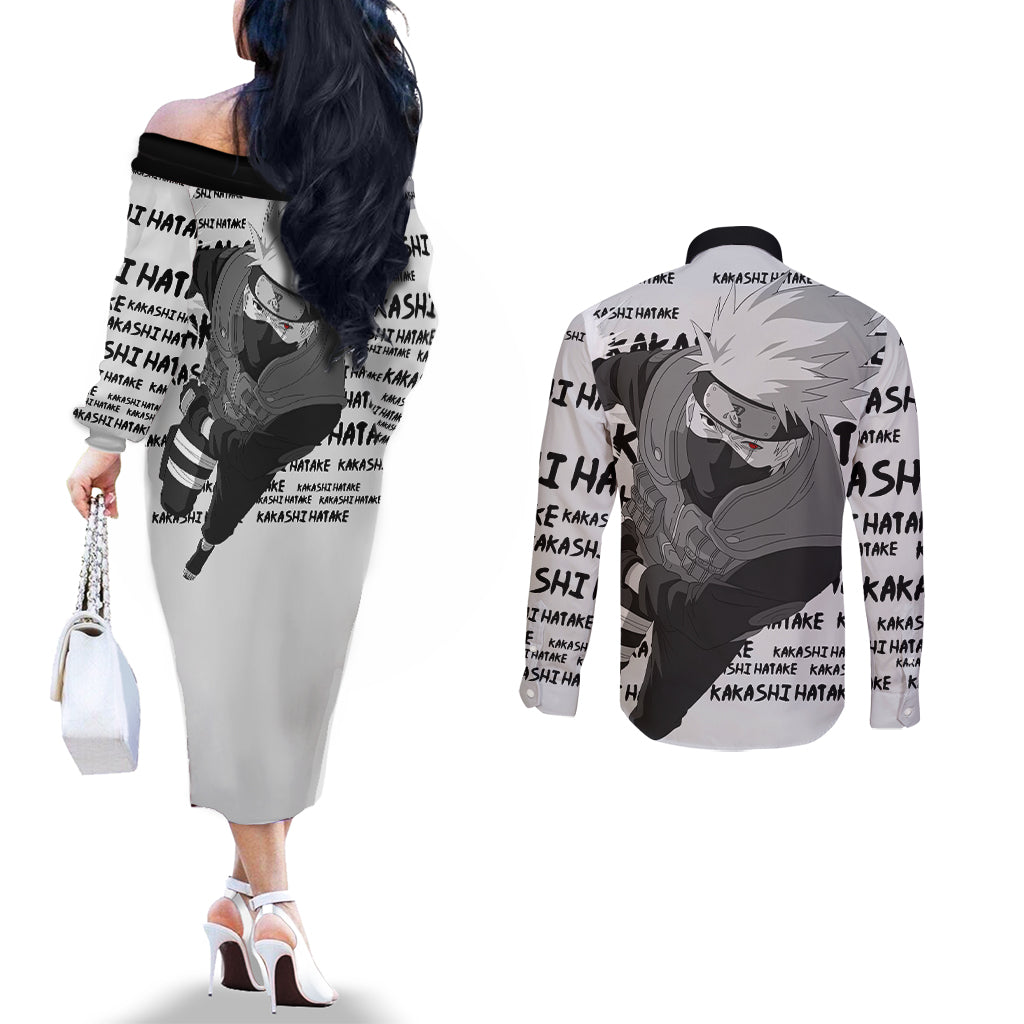 Kakashi Hatake - Anime Style Manga Couples Matching Off The Shoulder Long Sleeve Dress and Long Sleeve Button Shirt