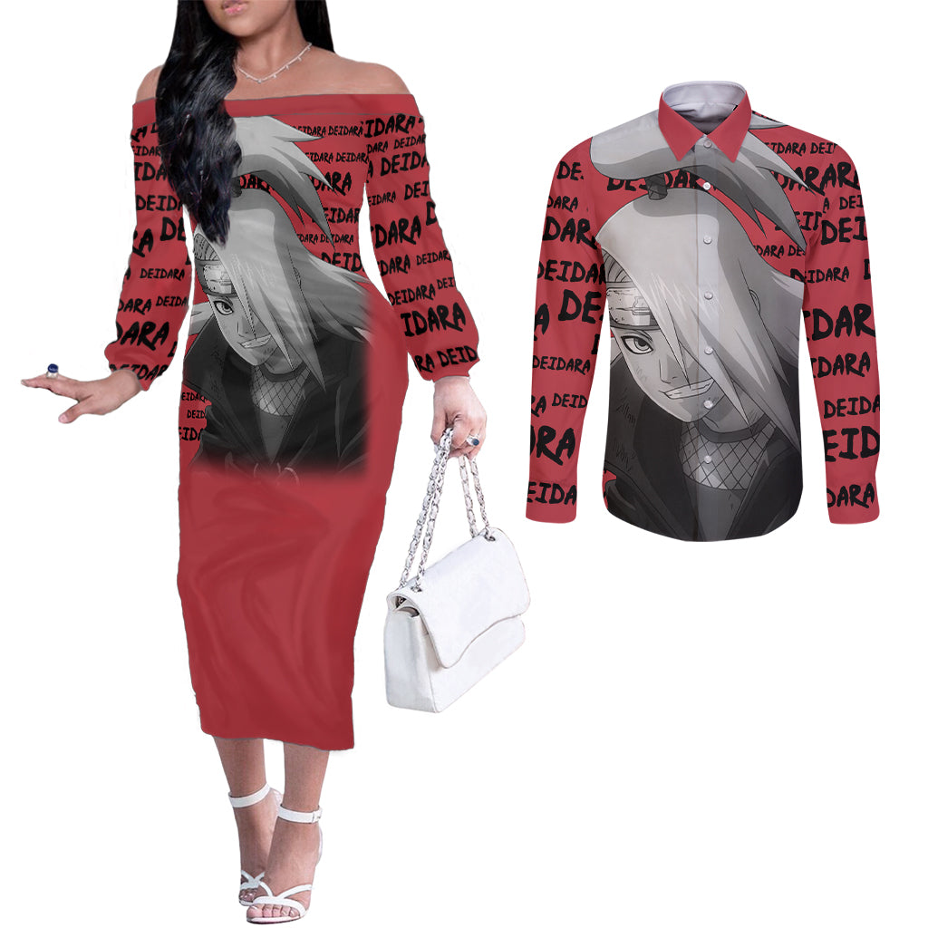 Deidara - Style Manga Couples Matching Off The Shoulder Long Sleeve Dress and Long Sleeve Button Shirt