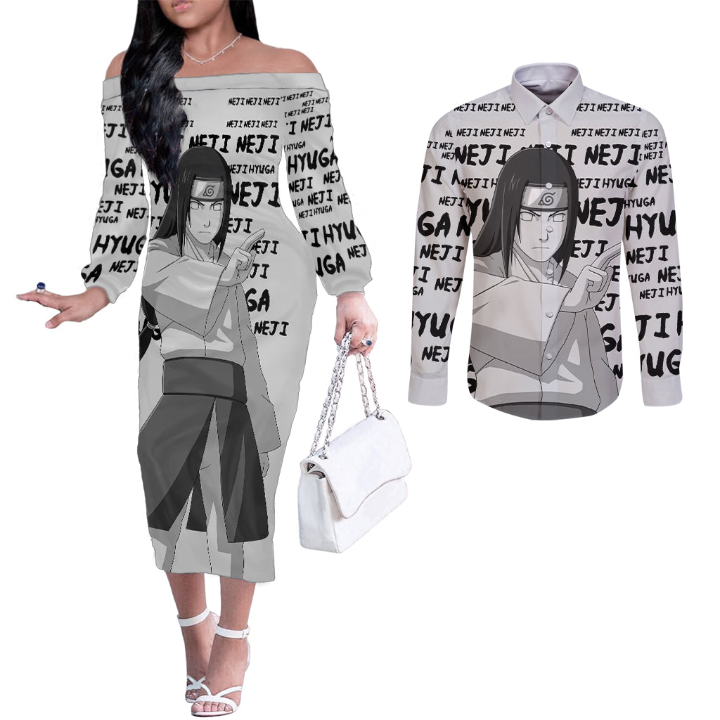 Neji Hyuga - Style Manga Couples Matching Off The Shoulder Long Sleeve Dress and Long Sleeve Button Shirt