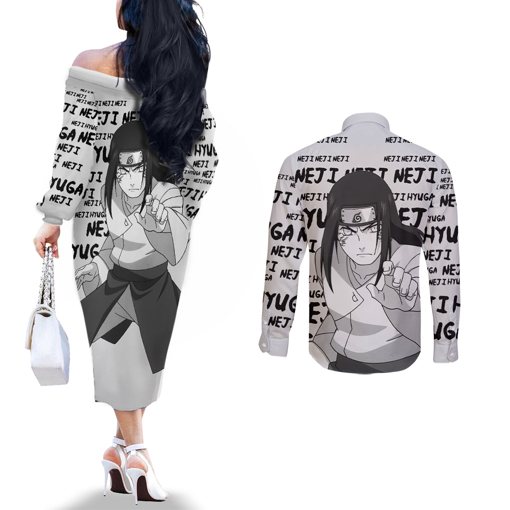 Neji Hyuga - Style Manga Couples Matching Off The Shoulder Long Sleeve Dress and Long Sleeve Button Shirt