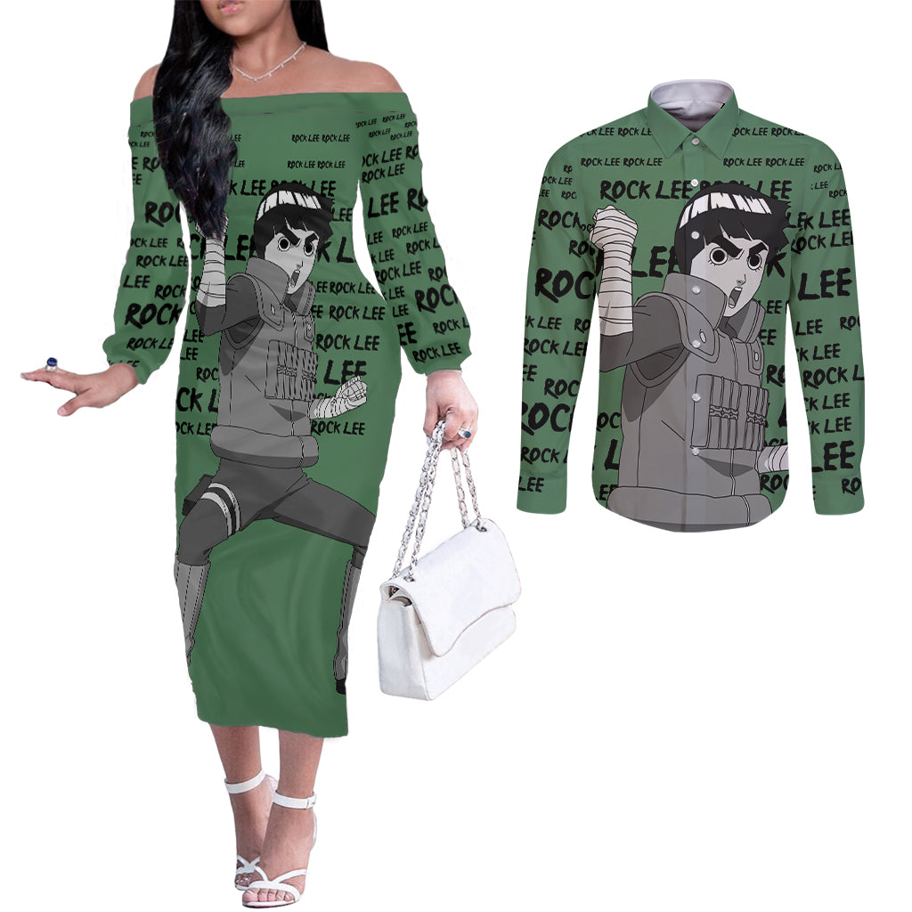 Rock Lee - Style Manga Couples Matching Off The Shoulder Long Sleeve Dress and Long Sleeve Button Shirt