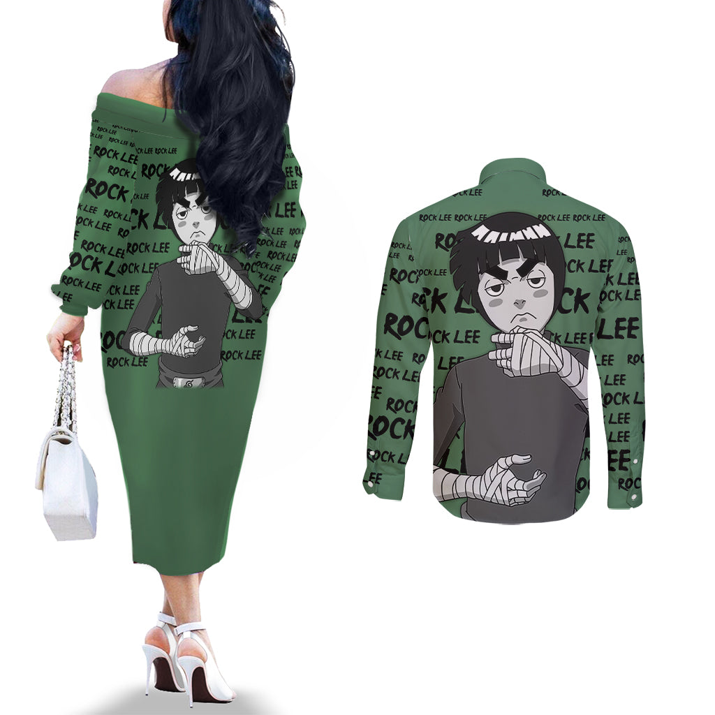 Rock Lee - Style Manga Couples Matching Off The Shoulder Long Sleeve Dress and Long Sleeve Button Shirt
