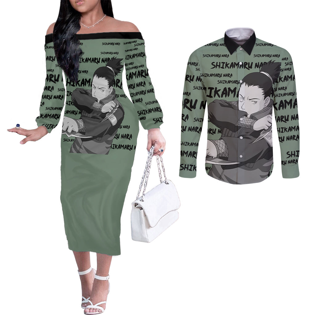 Shikamaru Nara - Style Manga Couples Matching Off The Shoulder Long Sleeve Dress and Long Sleeve Button Shirt