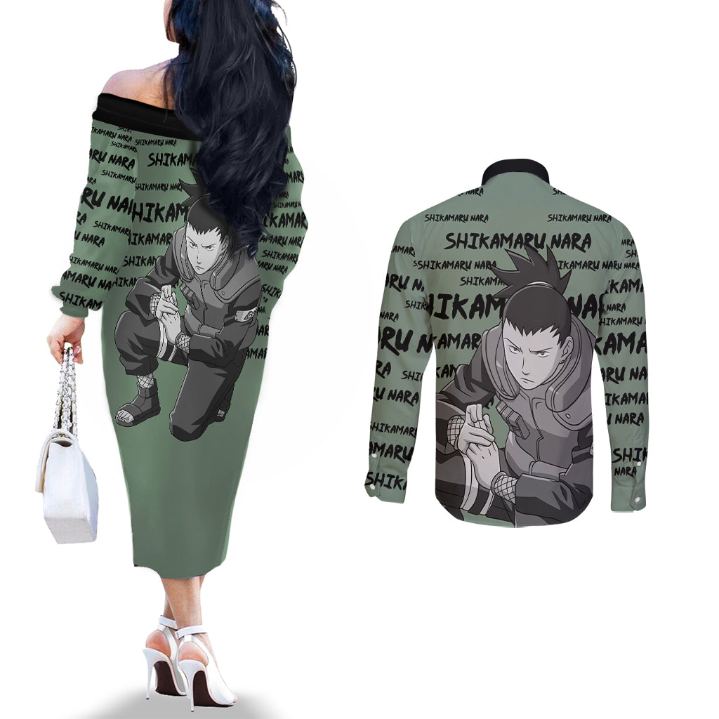 Shikamaru Nara - Style Manga Couples Matching Off The Shoulder Long Sleeve Dress and Long Sleeve Button Shirt
