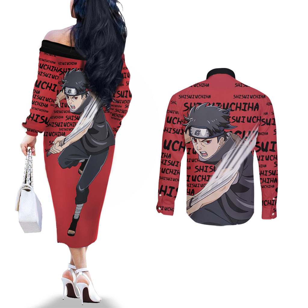 Shisui Uchiha - Style Manga Couples Matching Off The Shoulder Long Sleeve Dress and Long Sleeve Button Shirt