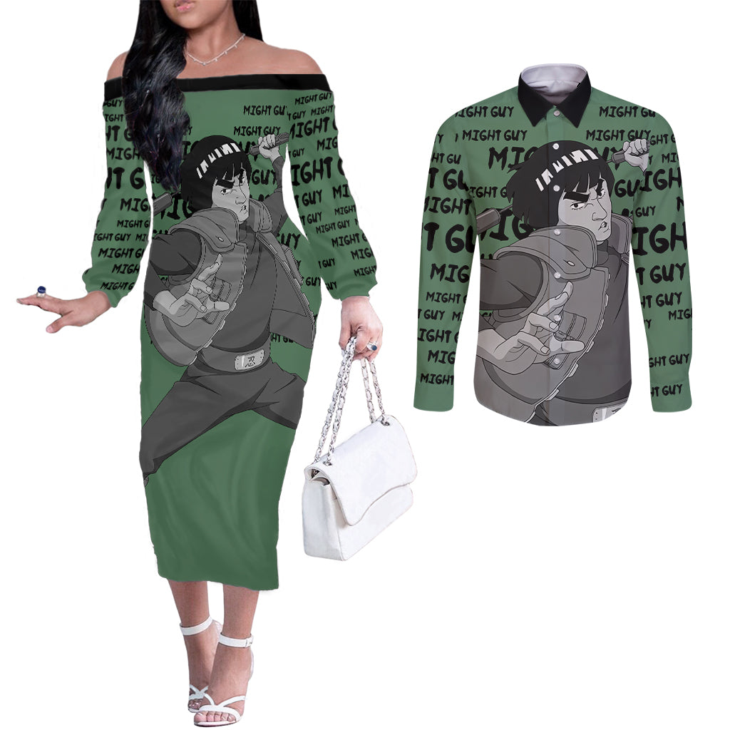 Might Guy - Style Manga Couples Matching Off The Shoulder Long Sleeve Dress and Long Sleeve Button Shirt