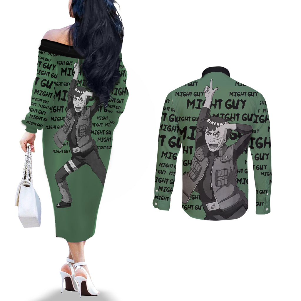 Might Guy - Style Manga Couples Matching Off The Shoulder Long Sleeve Dress and Long Sleeve Button Shirt