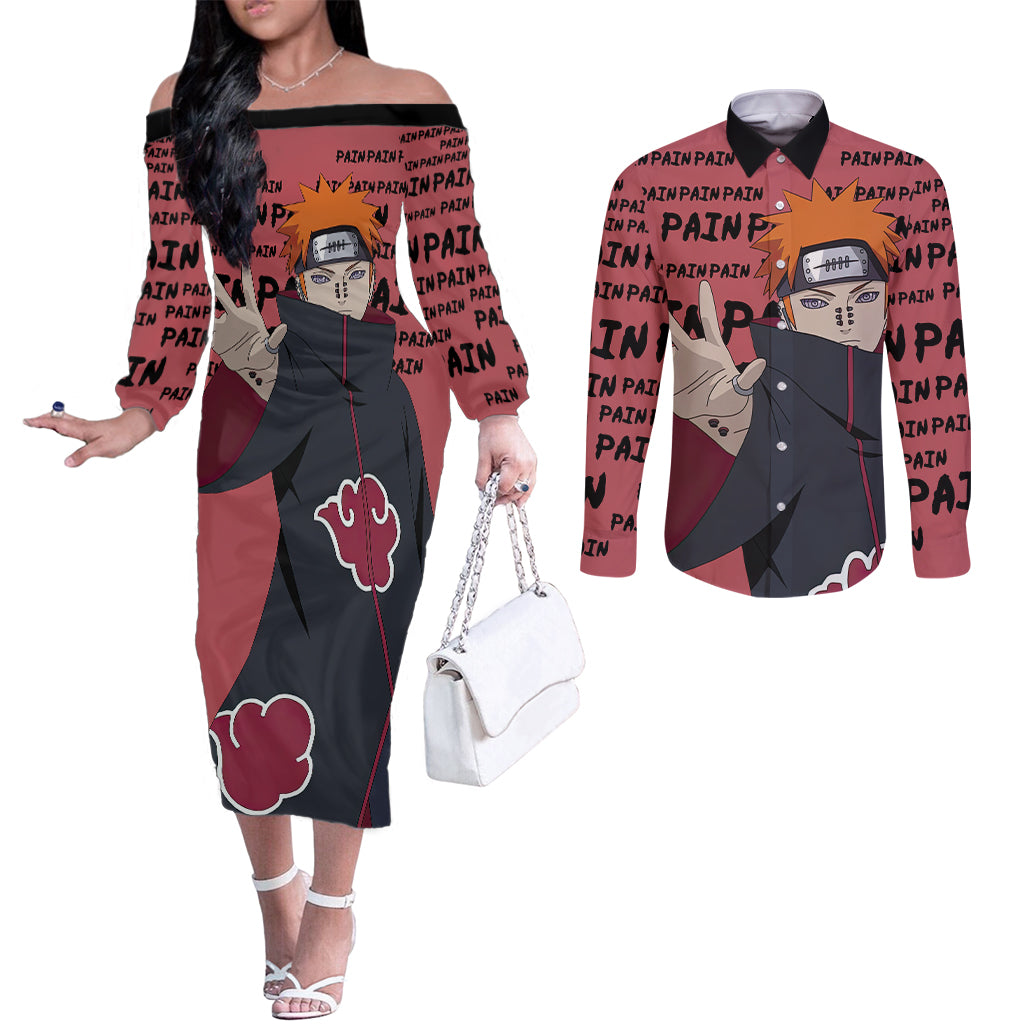 Pain - Style Manga Couples Matching Off The Shoulder Long Sleeve Dress and Long Sleeve Button Shirt