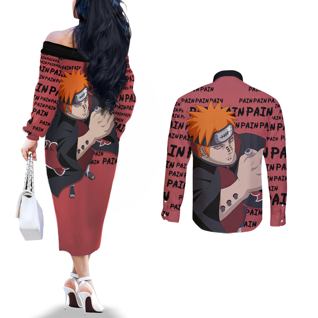Pain - Style Manga Couples Matching Off The Shoulder Long Sleeve Dress and Long Sleeve Button Shirt