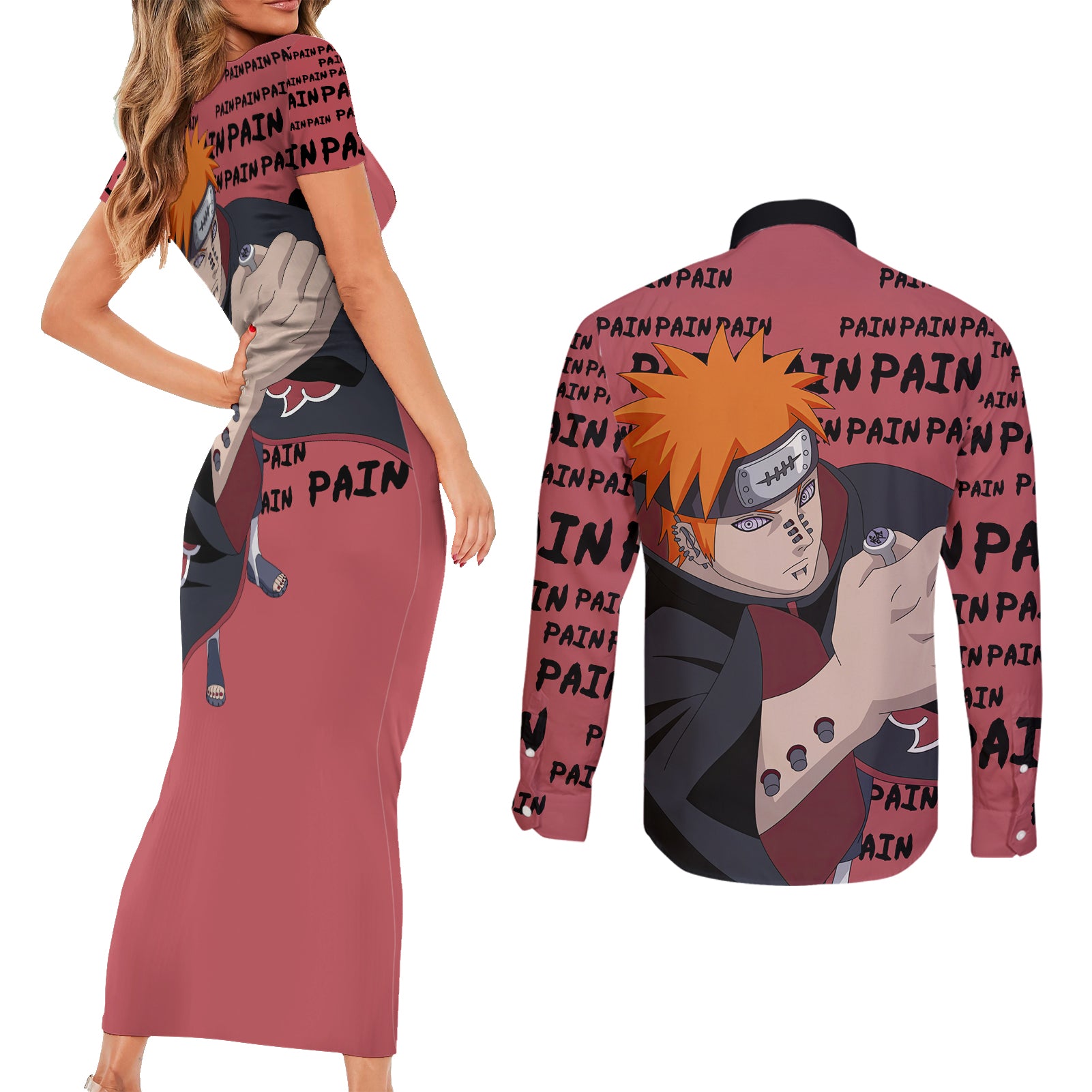 Pain - Style Manga Couples Matching Short Sleeve Bodycon Dress and Long Sleeve Button Shirt