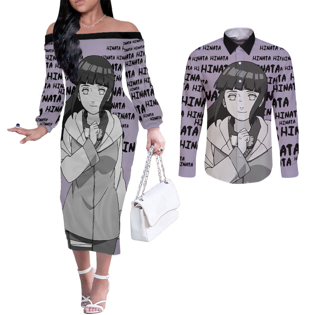 Hinata Hyuga - Style Manga Couples Matching Off The Shoulder Long Sleeve Dress and Long Sleeve Button Shirt