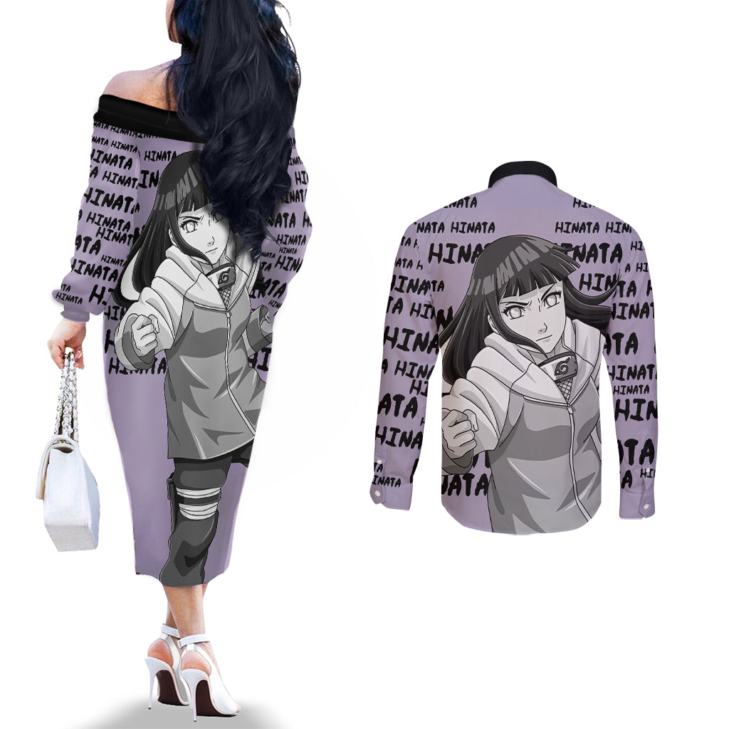 Hinata Hyuga - Style Manga Couples Matching Off The Shoulder Long Sleeve Dress and Long Sleeve Button Shirt