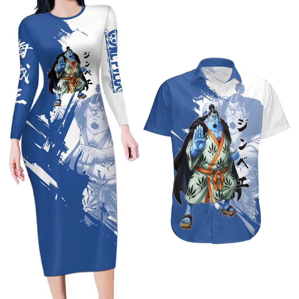 Jinbe One Piece Anime Couples Matching Long Sleeve Bodycon Dress and Hawaiian Shirt Japanese Samurai Illustration Graphic