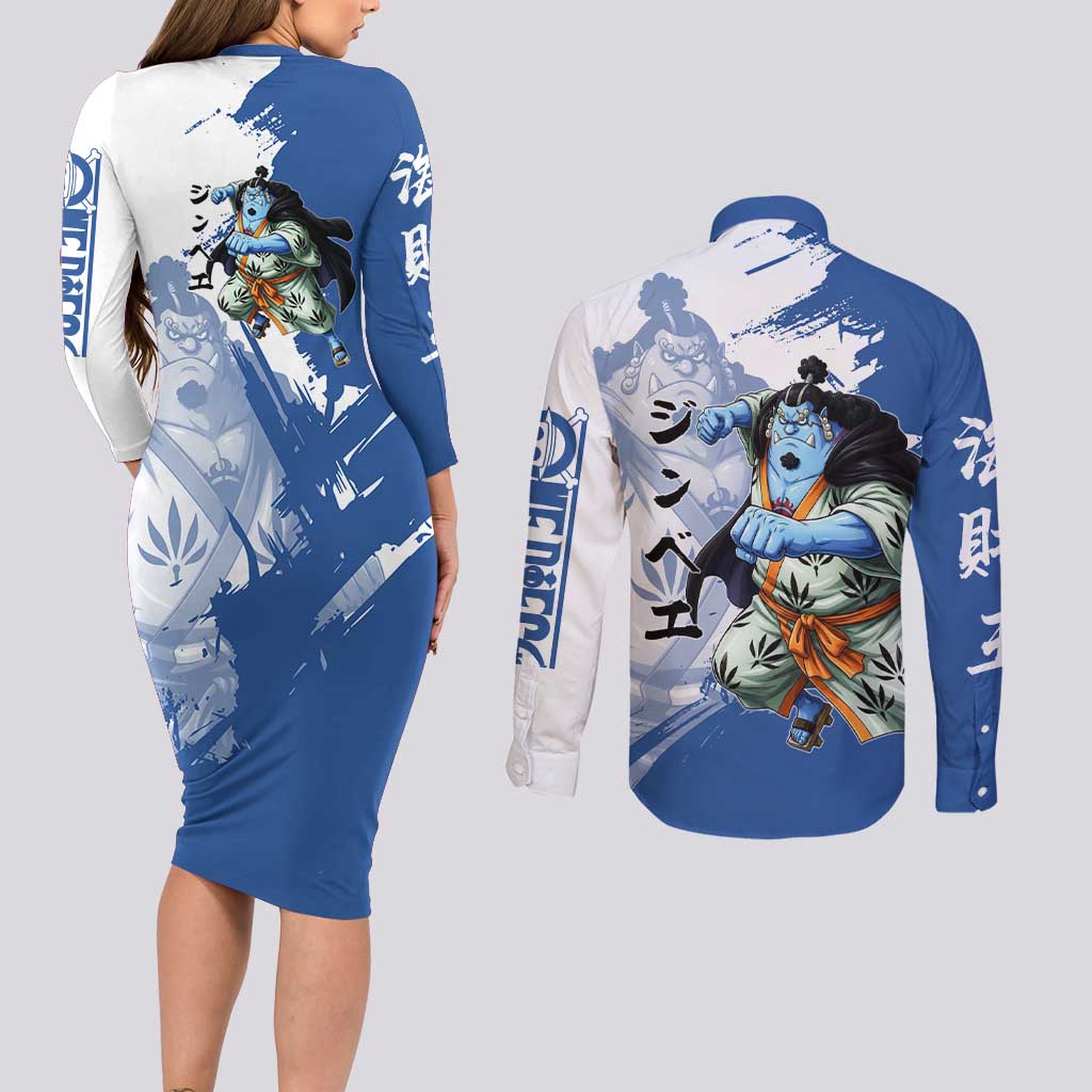 Jinbe One Piece Anime Couples Matching Long Sleeve Bodycon Dress and Long Sleeve Button Shirt Japanese Samurai Illustration Graphic