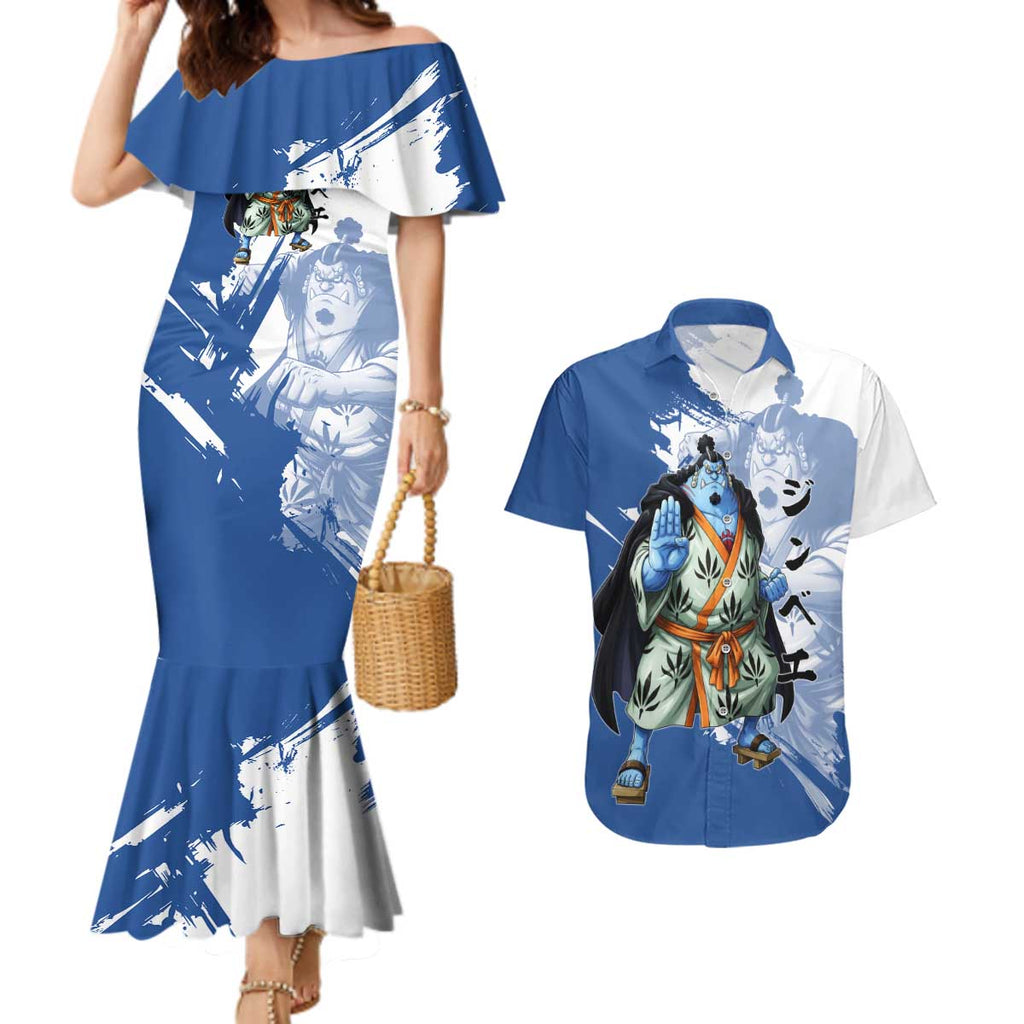 Jinbe One Piece Anime Couples Matching Mermaid Dress and Hawaiian Shirt Japanese Samurai Illustration Graphic