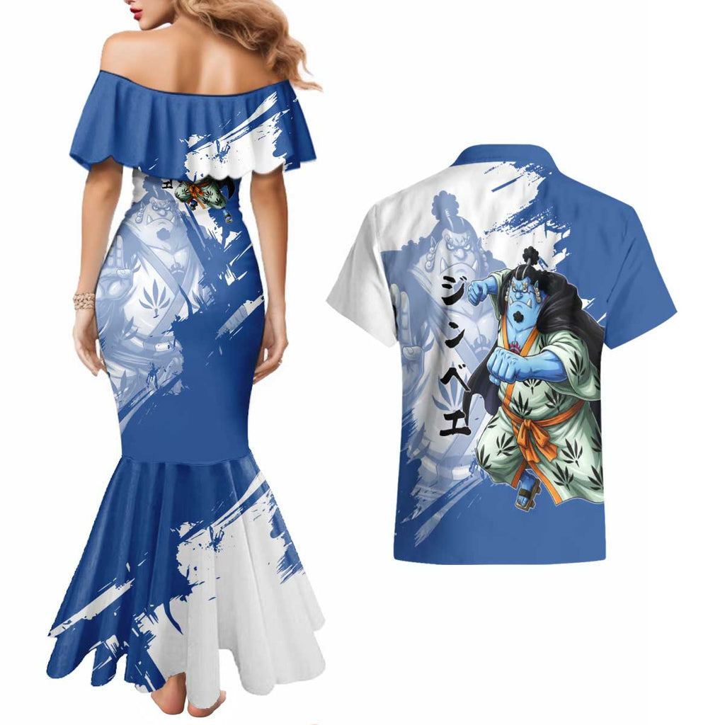 Jinbe One Piece Anime Couples Matching Mermaid Dress and Hawaiian Shirt Japanese Samurai Illustration Graphic