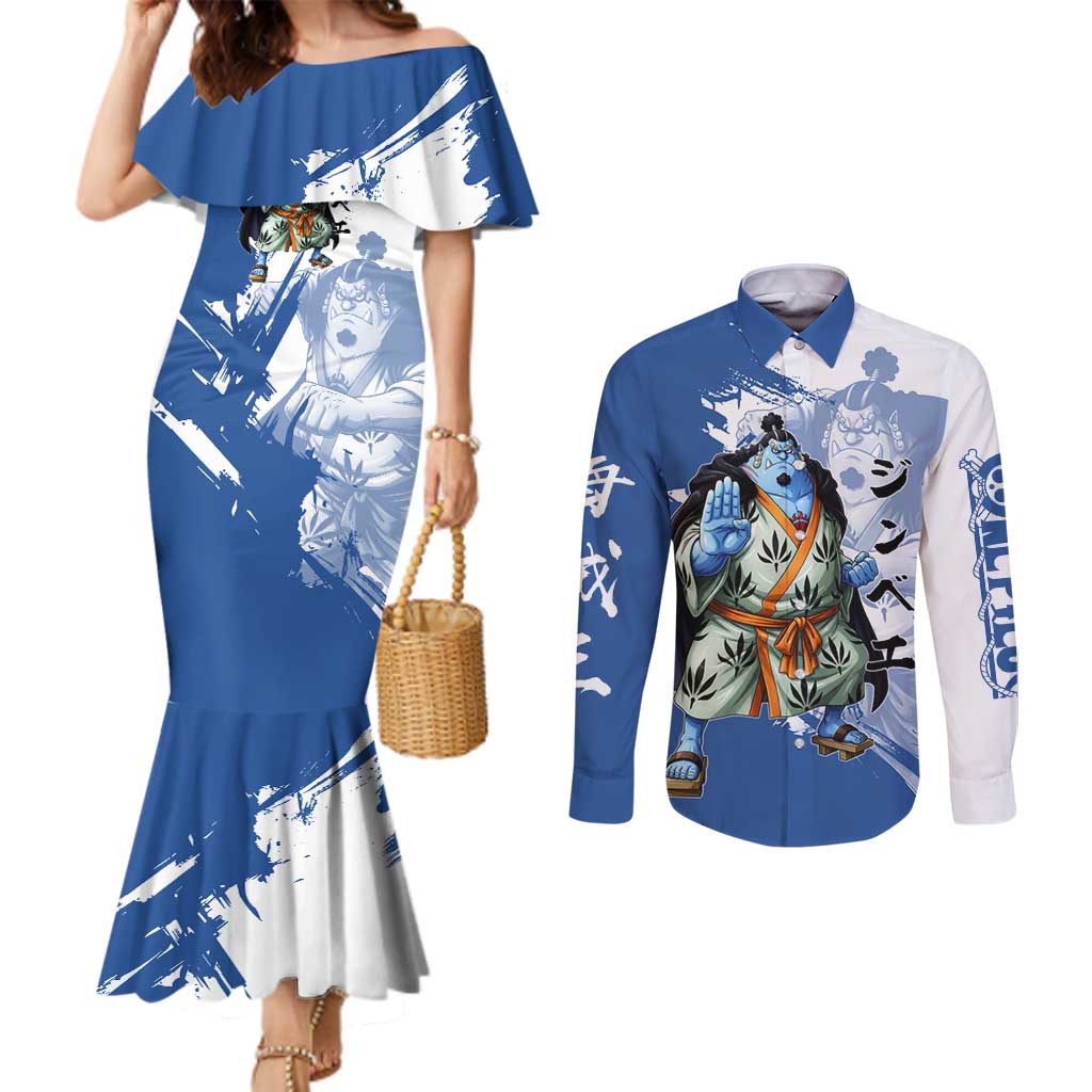 Jinbe One Piece Anime Couples Matching Mermaid Dress and Long Sleeve Button Shirt Japanese Samurai Illustration Graphic