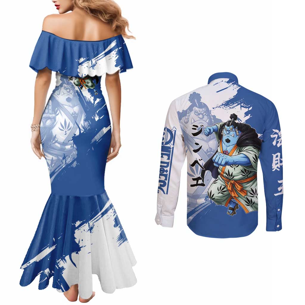 Jinbe One Piece Anime Couples Matching Mermaid Dress and Long Sleeve Button Shirt Japanese Samurai Illustration Graphic