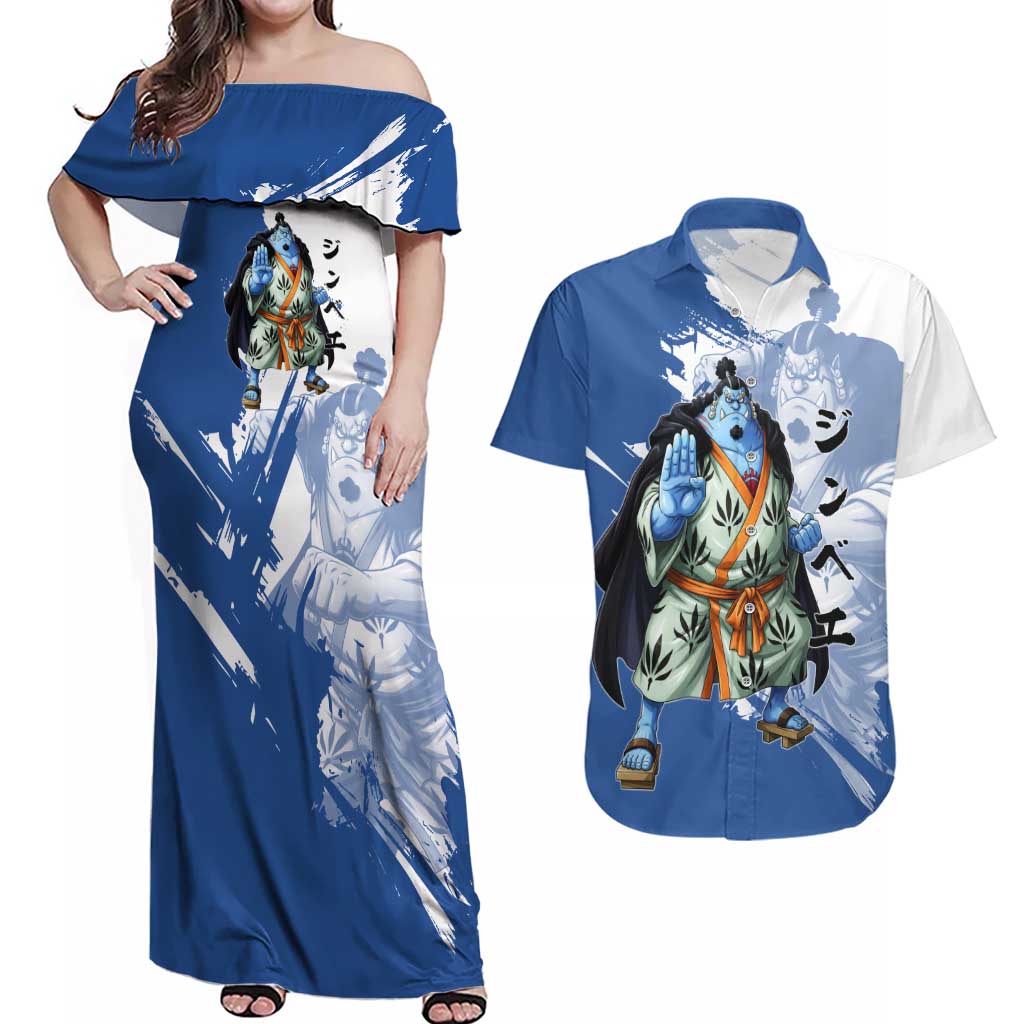 Jinbe One Piece Anime Couples Matching Off Shoulder Maxi Dress and Hawaiian Shirt Japanese Samurai Illustration Graphic