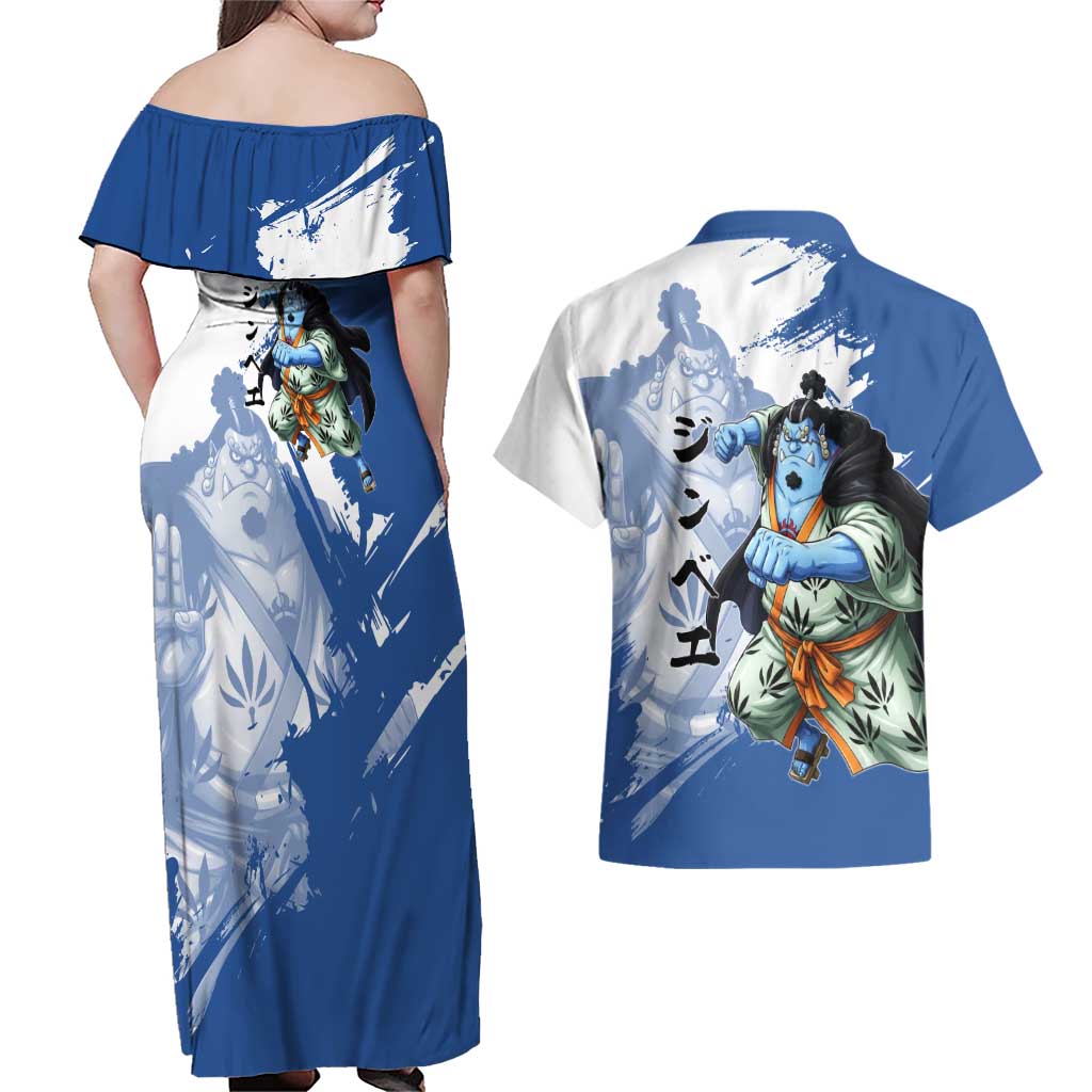Jinbe One Piece Anime Couples Matching Off Shoulder Maxi Dress and Hawaiian Shirt Japanese Samurai Illustration Graphic