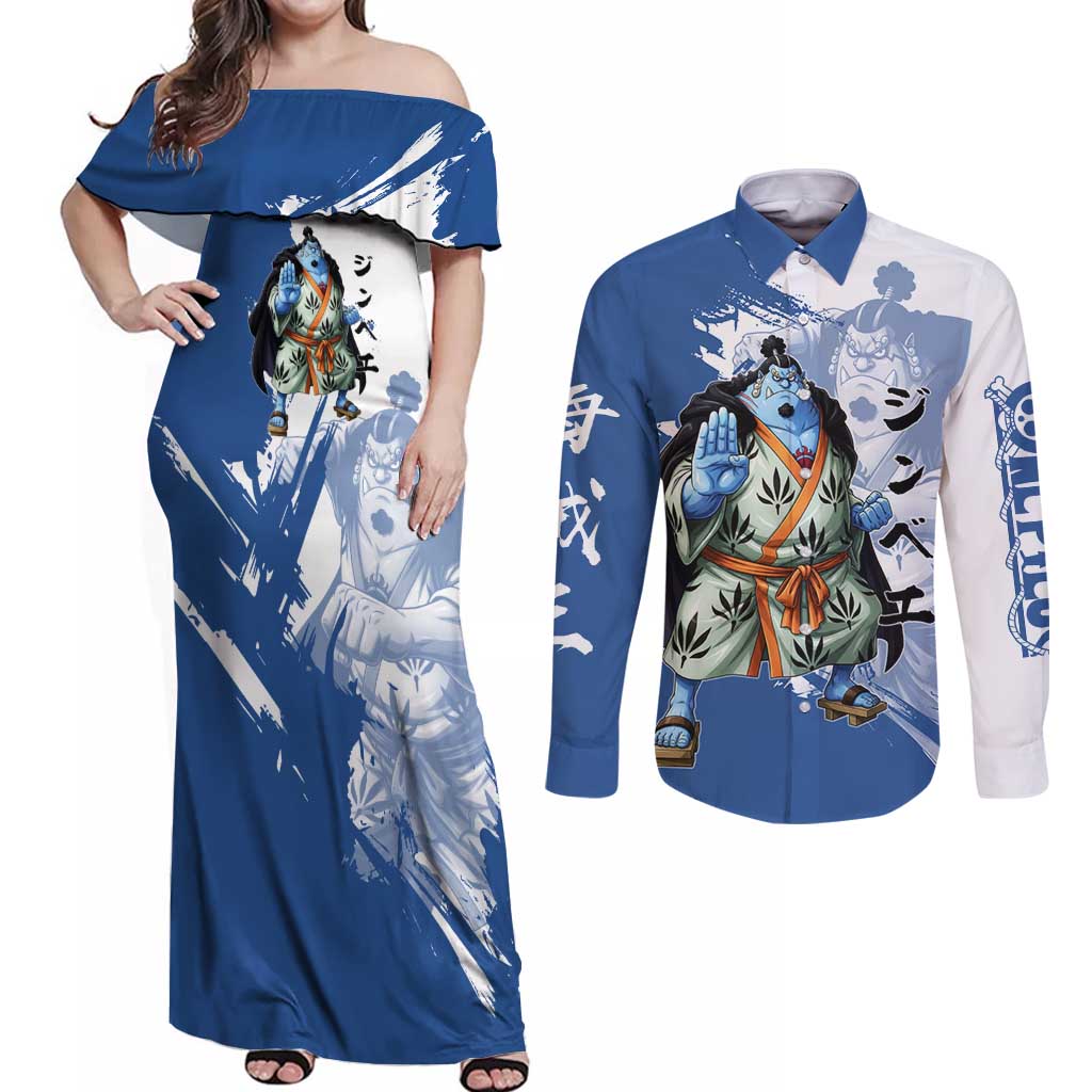 Jinbe One Piece Anime Couples Matching Off Shoulder Maxi Dress and Long Sleeve Button Shirt Japanese Samurai Illustration Graphic